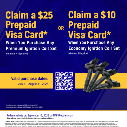 NAPA ignition coil rebate: prepaid card on a full ignition coil set, July 1 to August 31, 2026