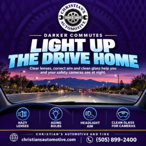 Christian's Automotive graphic reading Light up the drive home, with a dusk view of an Albuquerque boulevard and the Sandia Mountains